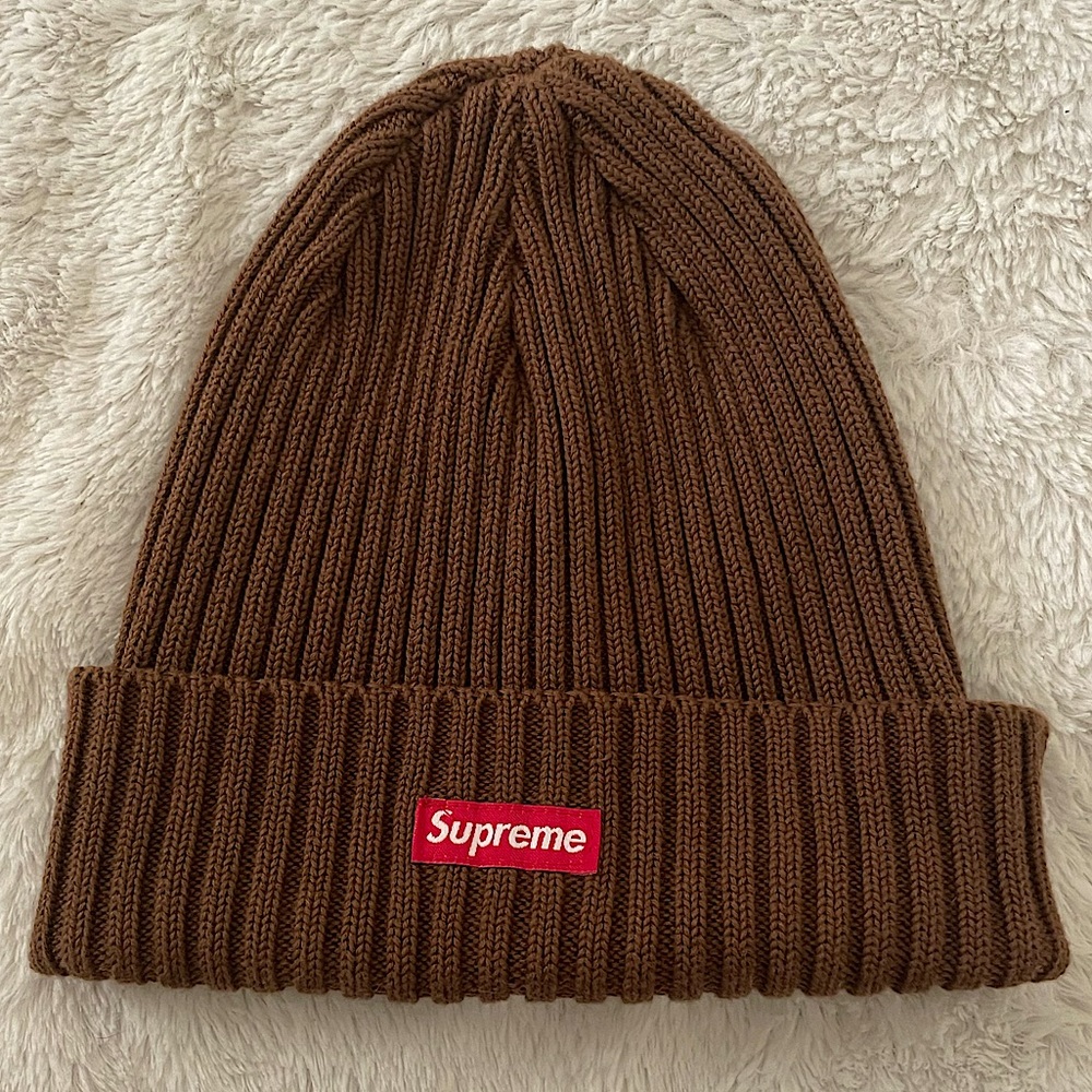 Brown Knitted Supreme Box Logo Beanie (SS21) and Supreme Stickers